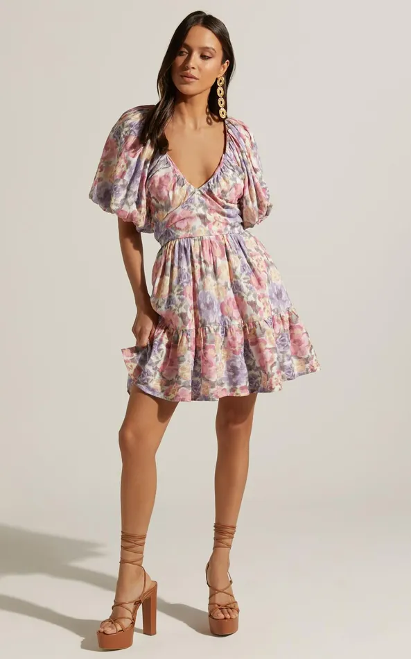 Showpo Amalie The Label 8211 Tallulah Linen Blend V Neck Puff Sleeve Mini Dress In Aurora Print Women Dresses Showpo Amalie The Label 8211 Tallulah Linen Blend V Neck Puff Sleeve Mini Dress In Aurora Print Women Dresses