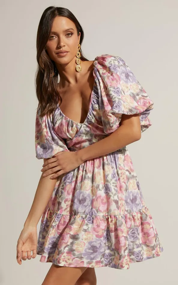 Showpo Amalie The Label 8211 Tallulah Linen Blend V Neck Puff Sleeve Mini Dress In Aurora Print Women Dresses Showpo Amalie The Label 8211 Tallulah Linen Blend V Neck Puff Sleeve Mini Dress In Aurora Print Women Dresses