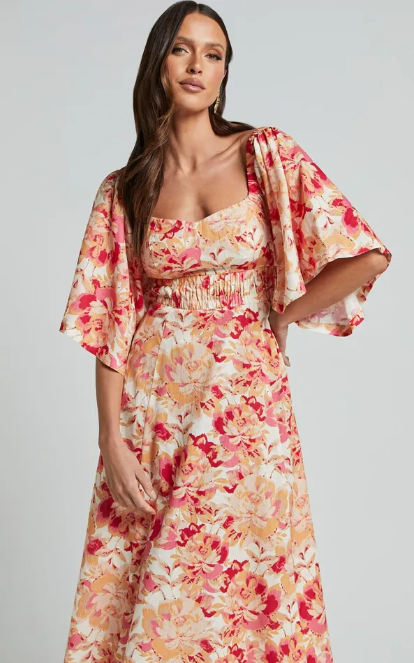 Showpo Amalie The Label 8211 Thalia Linen Blend Puff Sleeve Midi Dress In Sienna Print Women Dresses