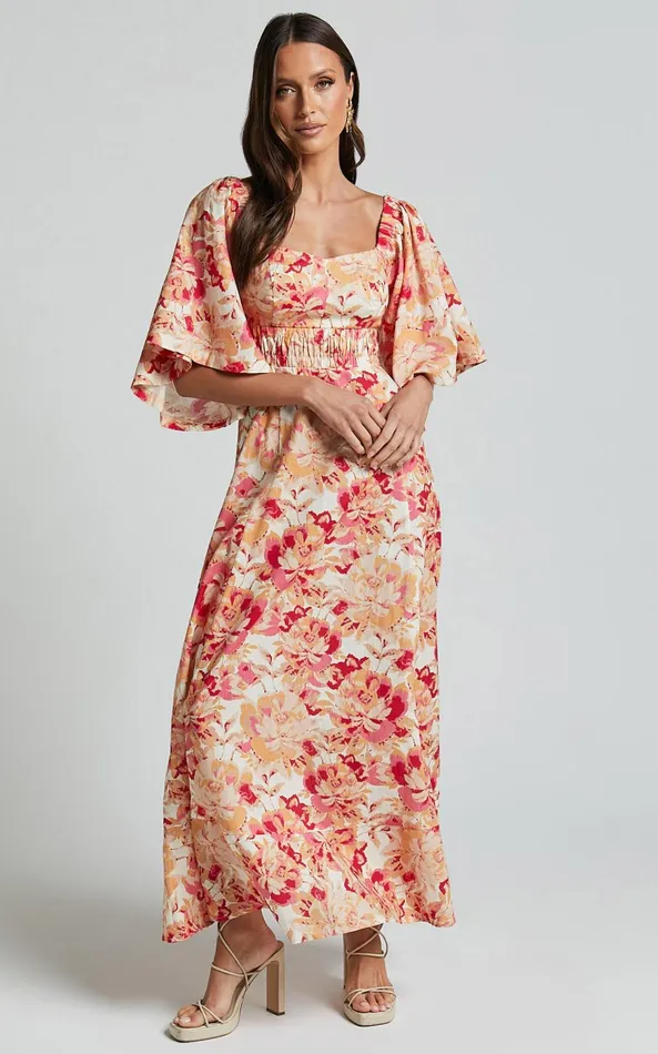 Showpo Amalie The Label 8211 Thalia Linen Blend Puff Sleeve Midi Dress In Sienna Print Women Dresses