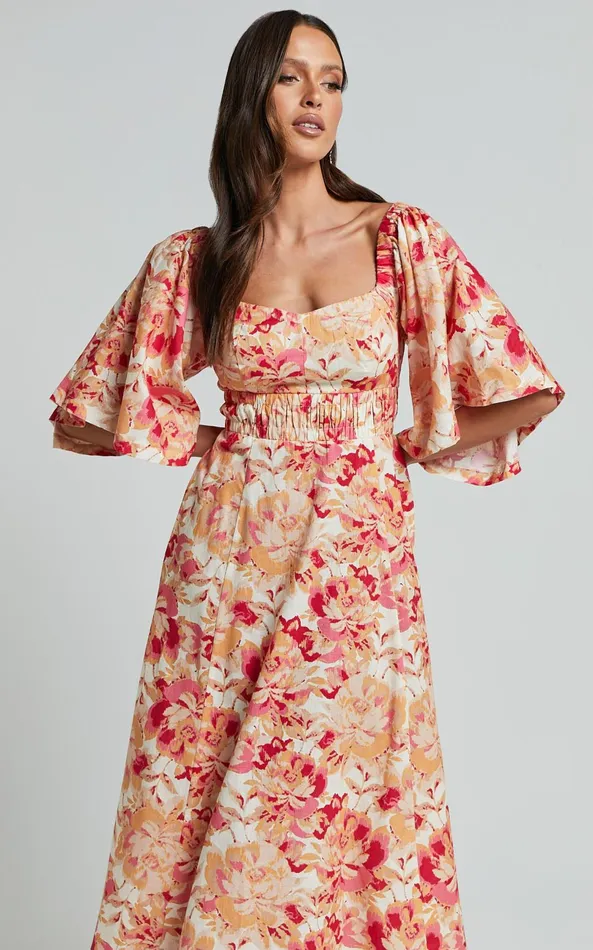 Showpo Amalie The Label 8211 Thalia Linen Blend Puff Sleeve Midi Dress In Sienna Print Women Dresses