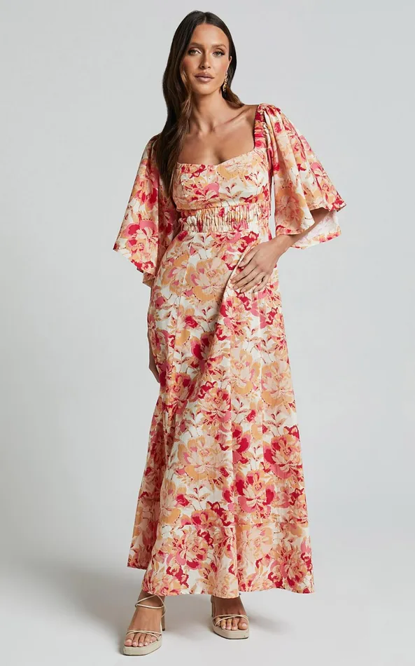 Showpo Amalie The Label 8211 Thalia Linen Blend Puff Sleeve Midi Dress In Sienna Print Women Dresses