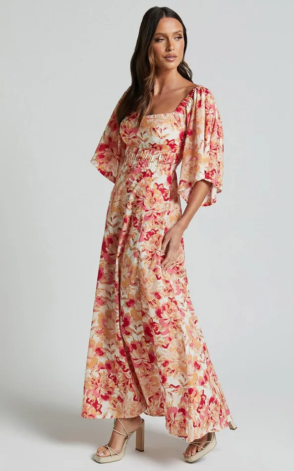 Showpo Amalie The Label 8211 Thalia Linen Blend Puff Sleeve Midi Dress In Sienna Print Women Dresses