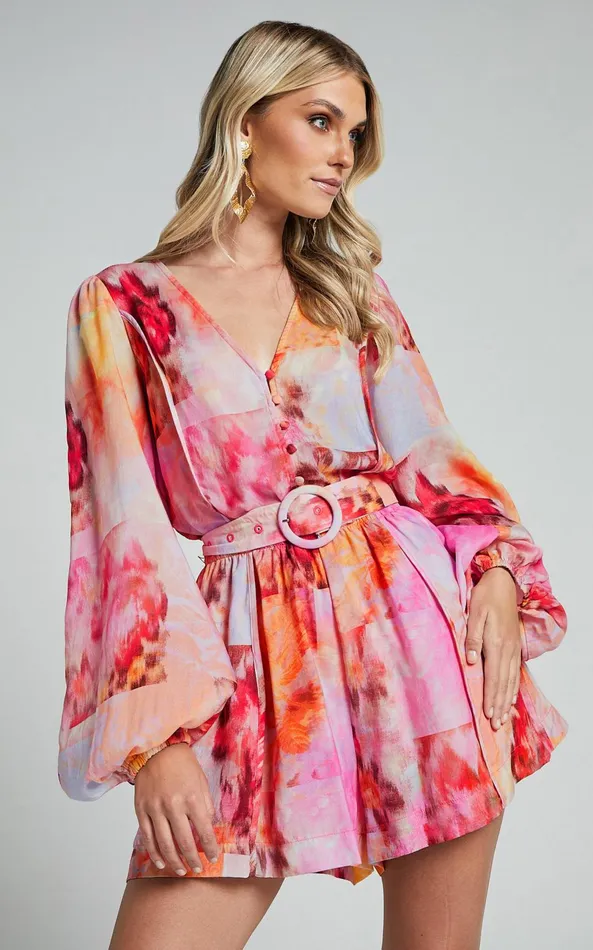 Showpo Amalie The Label 8211 Vivette Linen Blend Puff Sleeve Belted Playsuit In Marsielle Print Women Rompers