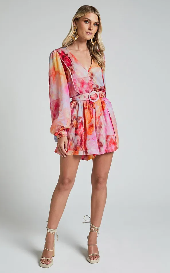 Showpo Amalie The Label 8211 Vivette Linen Blend Puff Sleeve Belted Playsuit In Marsielle Print Women Rompers