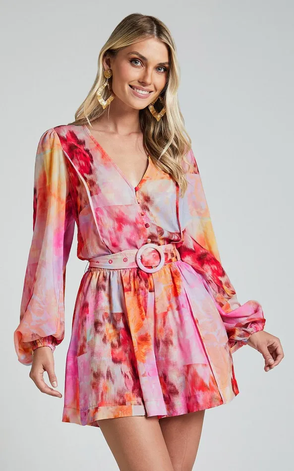 Showpo Amalie The Label 8211 Vivette Linen Blend Puff Sleeve Belted Playsuit In Marsielle Print Women Rompers