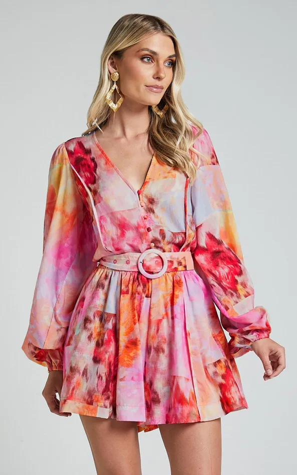 Showpo Amalie The Label 8211 Vivette Linen Blend Puff Sleeve Belted Playsuit In Marsielle Print Women Rompers