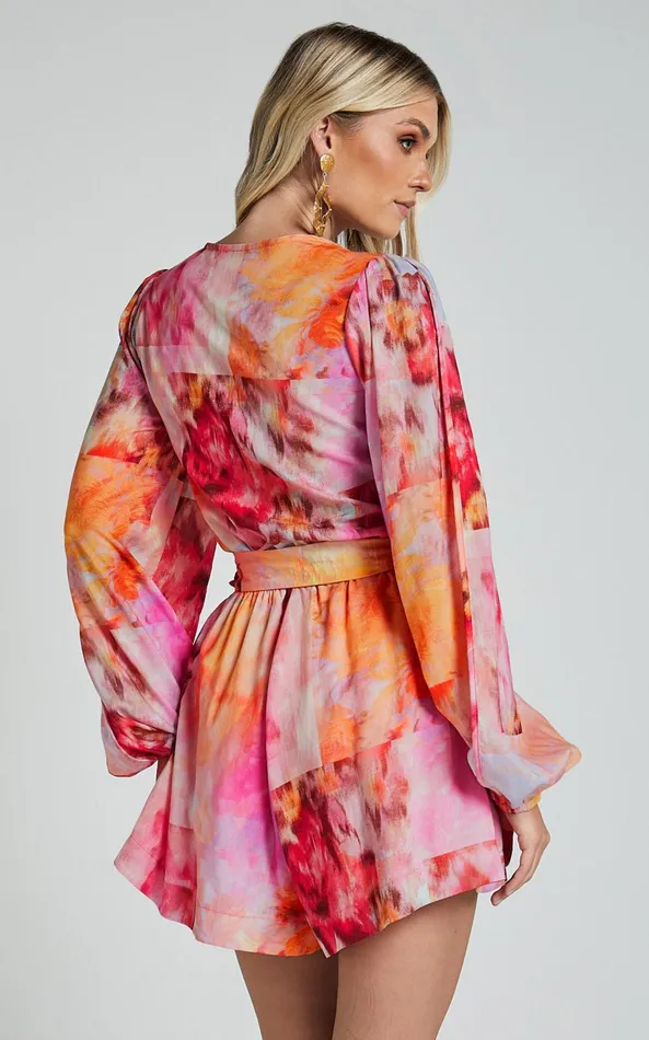 Showpo Amalie The Label 8211 Vivette Linen Blend Puff Sleeve Belted Playsuit In Marsielle Print Women Rompers