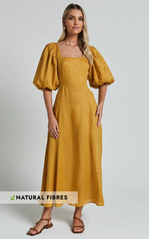 Showpo Amalie The Label 8211 Zoya Linen Short Puff Sleeve Backless Maxi Dress In Gold Women Dresses Showpo Amalie The Label 8211 Zoya Linen Short Puff Sleeve Backless Maxi Dress In Gold Women Dresses