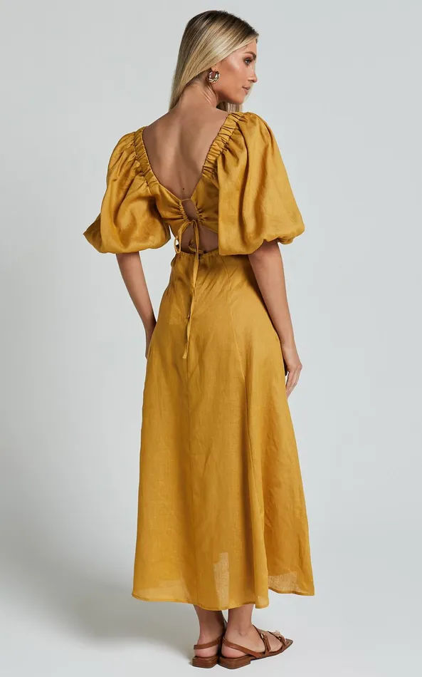 Showpo Amalie The Label 8211 Zoya Linen Short Puff Sleeve Backless Maxi Dress In Gold Women Dresses