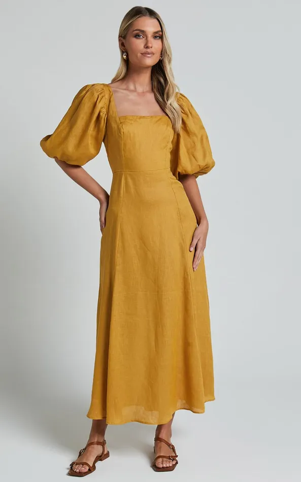 Showpo Amalie The Label 8211 Zoya Linen Short Puff Sleeve Backless Maxi Dress In Gold Women Dresses