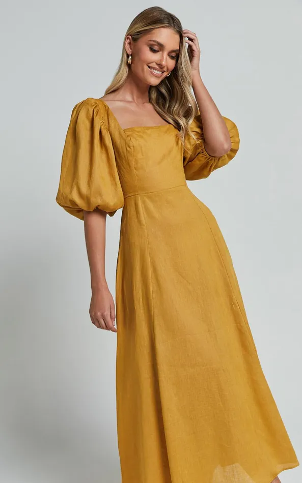 Showpo Amalie The Label 8211 Zoya Linen Short Puff Sleeve Backless Maxi Dress In Gold Women Dresses