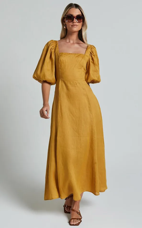 Showpo Amalie The Label 8211 Zoya Linen Short Puff Sleeve Backless Maxi Dress In Gold Women Dresses
