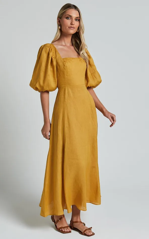 Showpo Amalie The Label 8211 Zoya Linen Short Puff Sleeve Backless Maxi Dress In Gold Women Dresses