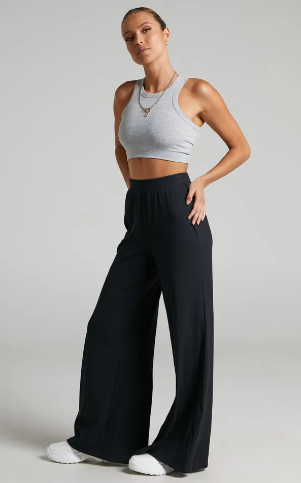 Showpo Amalthea Pants 8211 High Waisted Jersey Rib Wide Leg Pants In Black Women Curve Clothes