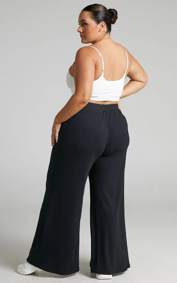 Showpo Amalthea Pants 8211 High Waisted Jersey Rib Wide Leg Pants In Black Women Curve Clothes