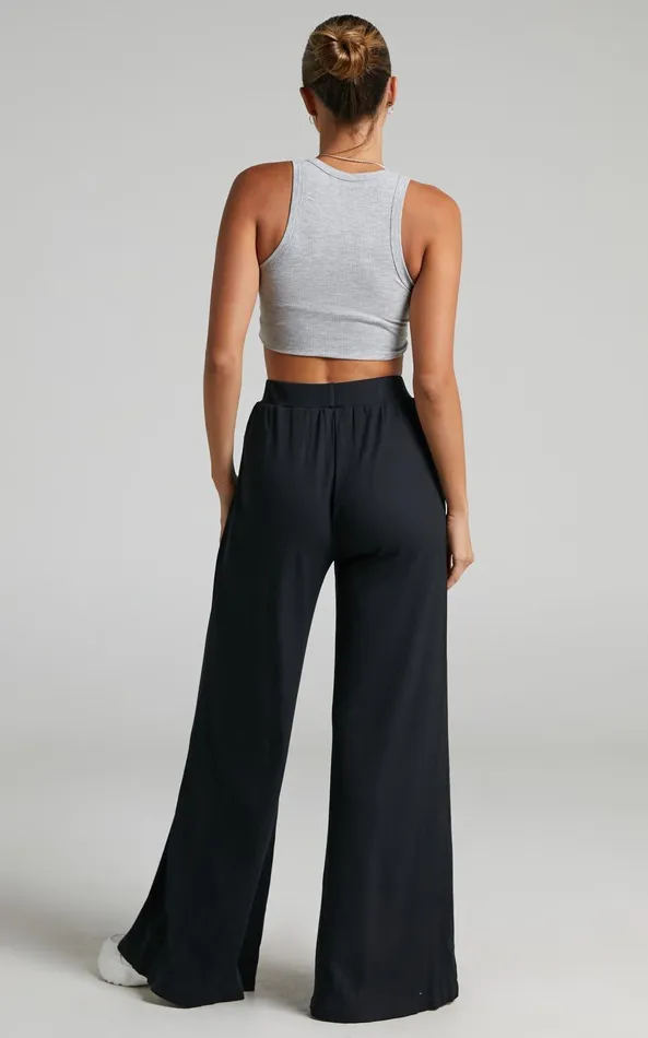 Showpo Amalthea Pants 8211 High Waisted Jersey Rib Wide Leg Pants In Black Women Curve Clothes