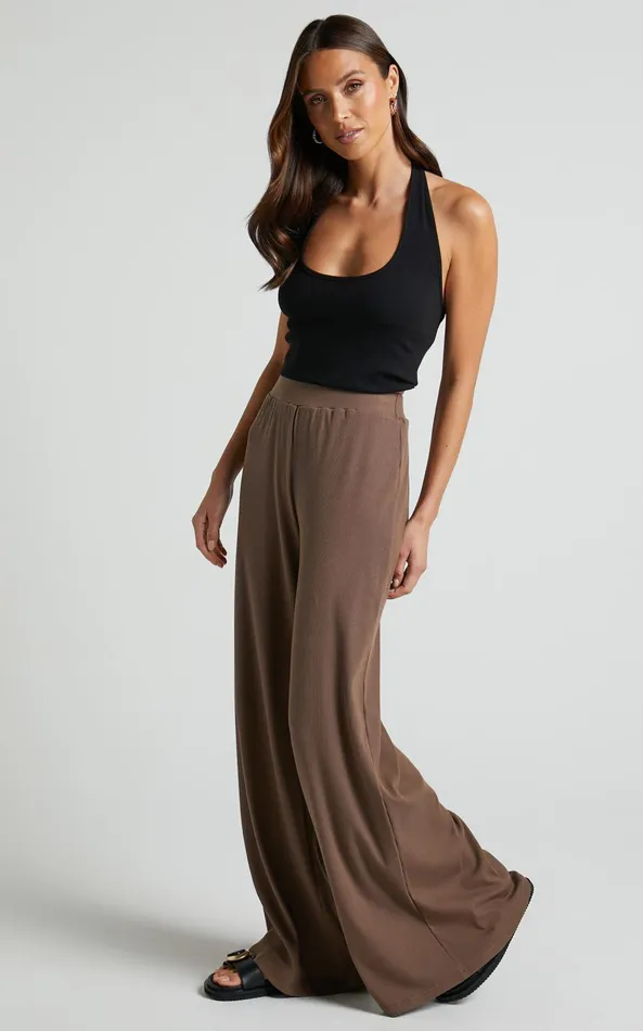 Showpo Amalthea Pants 8211 High Waisted Jersey Rib Wide Leg Pants In Mocha Women Curve Clothes