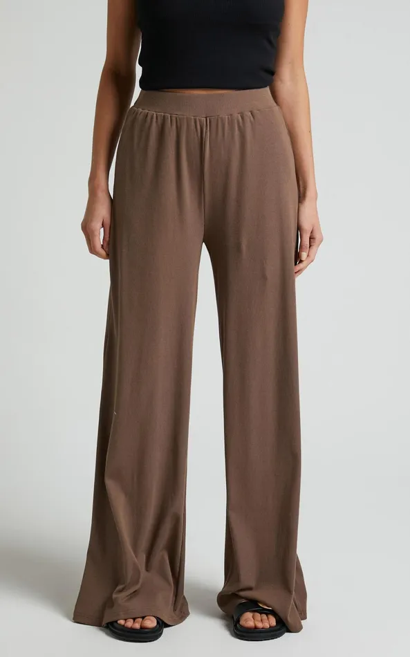 Showpo Amalthea Pants 8211 High Waisted Jersey Rib Wide Leg Pants In Mocha Women Curve Clothes