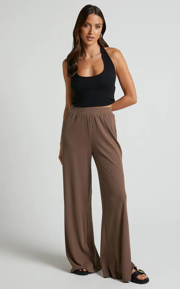 Showpo Amalthea Pants 8211 High Waisted Jersey Rib Wide Leg Pants In Mocha Women Curve Clothes