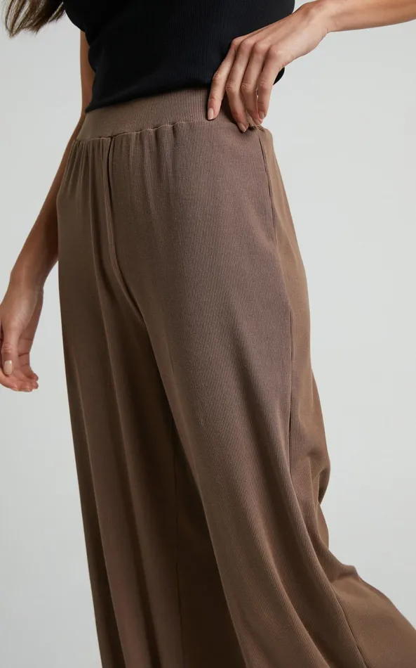 Showpo Amalthea Pants 8211 High Waisted Jersey Rib Wide Leg Pants In Mocha Women Curve Clothes