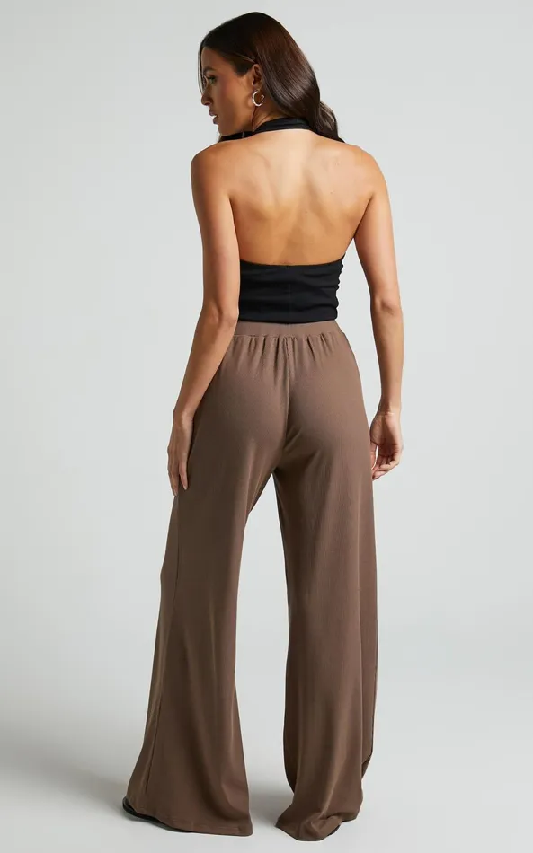 Showpo Amalthea Pants 8211 High Waisted Jersey Rib Wide Leg Pants In Mocha Women Curve Clothes