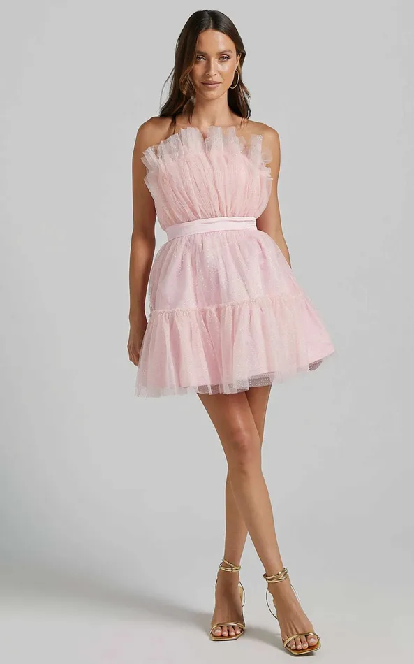 Showpo Amalya Mini Dress 8211 Tiered Tulle Fit And Flare Dress In Baby Pink Glitter Women Dresses
