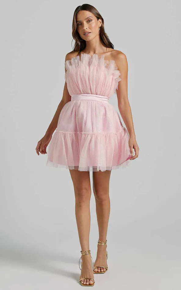 Showpo Amalya Mini Dress 8211 Tiered Tulle Fit And Flare Dress In Baby Pink Glitter Women Dresses