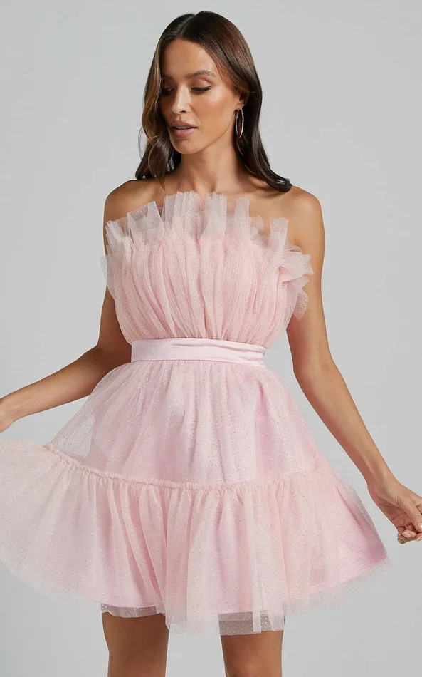 Showpo Amalya Mini Dress 8211 Tiered Tulle Fit And Flare Dress In Baby Pink Glitter Women Dresses