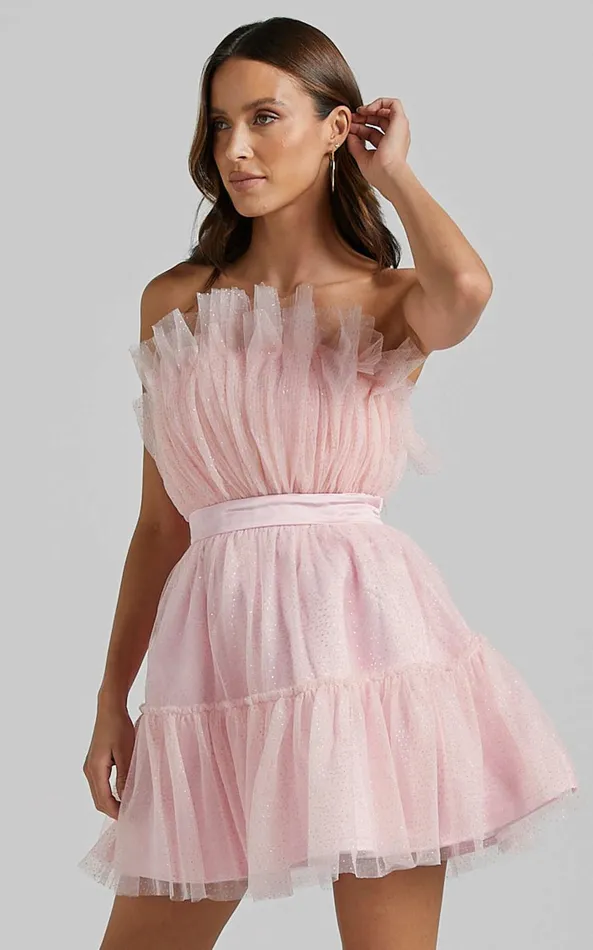 Showpo Amalya Mini Dress 8211 Tiered Tulle Fit And Flare Dress In Baby Pink Glitter Women Dresses