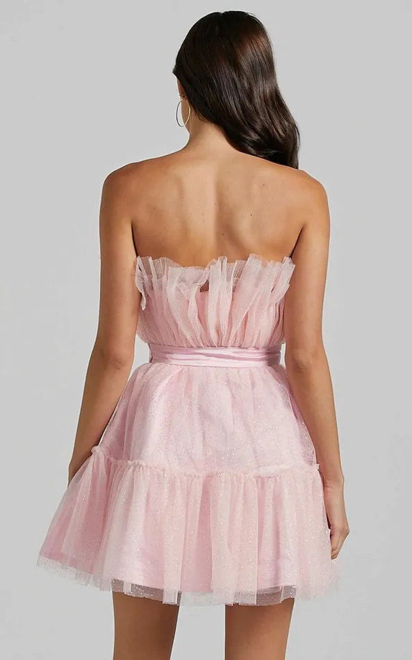 Showpo Amalya Mini Dress 8211 Tiered Tulle Fit And Flare Dress In Baby Pink Glitter Women Dresses