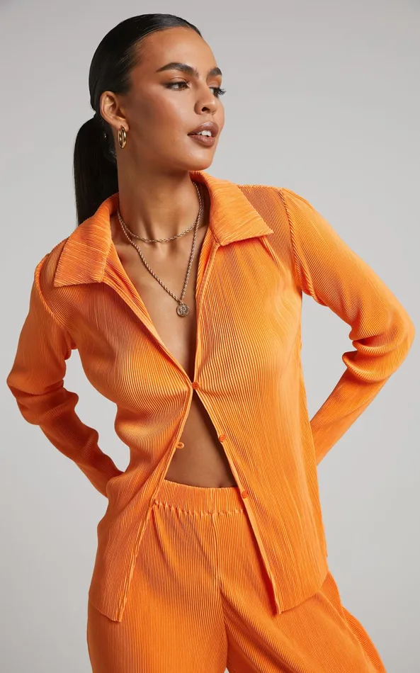 Showpo Amarante Blouse 8211 Plisse Button Up Blouse In Orange Women Tops