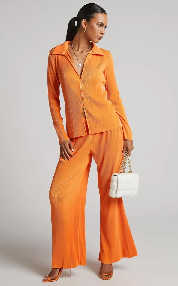 Showpo Amarante Blouse 8211 Plisse Button Up Blouse In Orange Women Tops