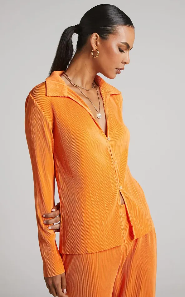 Showpo Amarante Blouse 8211 Plisse Button Up Blouse In Orange Women Tops