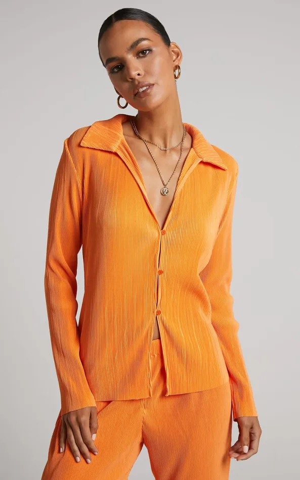 Showpo Amarante Blouse 8211 Plisse Button Up Blouse In Orange Women Tops