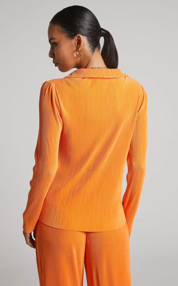 Showpo Amarante Blouse 8211 Plisse Button Up Blouse In Orange Women Tops