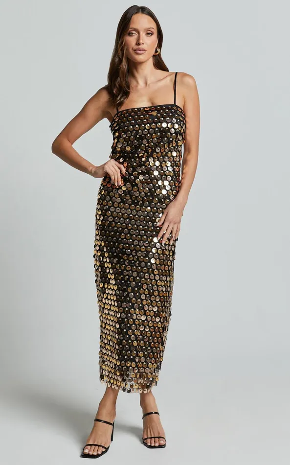 Showpo Amarie Midi Dress 8211 Circle Sequin Dress In Gold Women Dresses