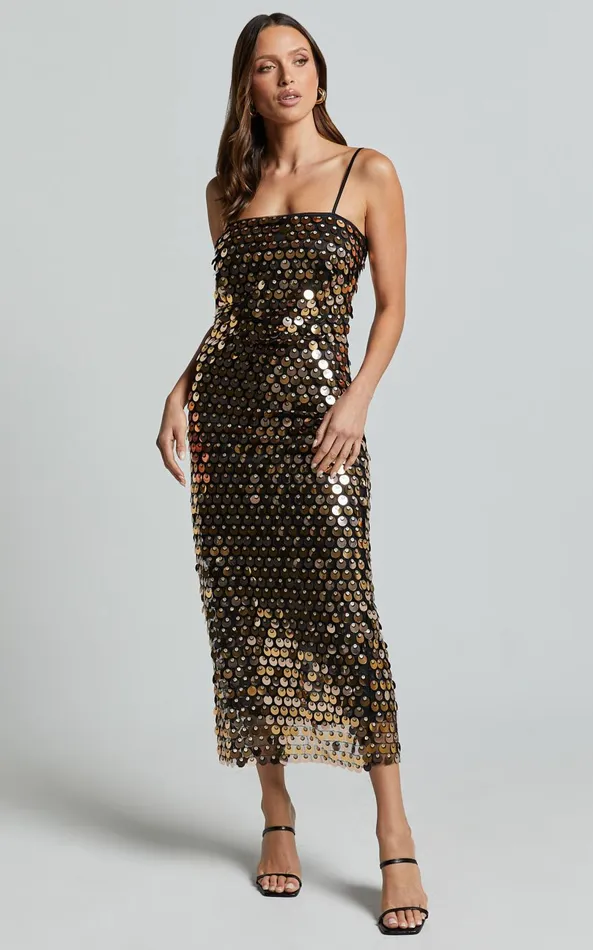 Showpo Amarie Midi Dress 8211 Circle Sequin Dress In Gold Women Dresses