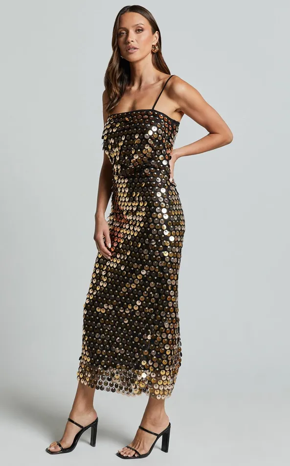 Showpo Amarie Midi Dress 8211 Circle Sequin Dress In Gold Women Dresses