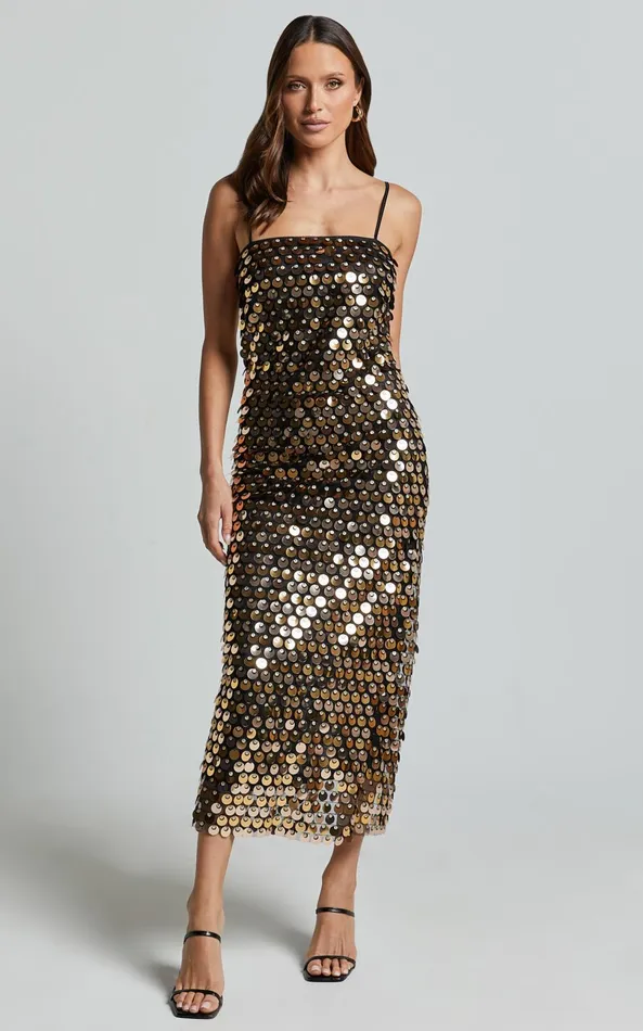 Showpo Amarie Midi Dress 8211 Circle Sequin Dress In Gold Women Dresses