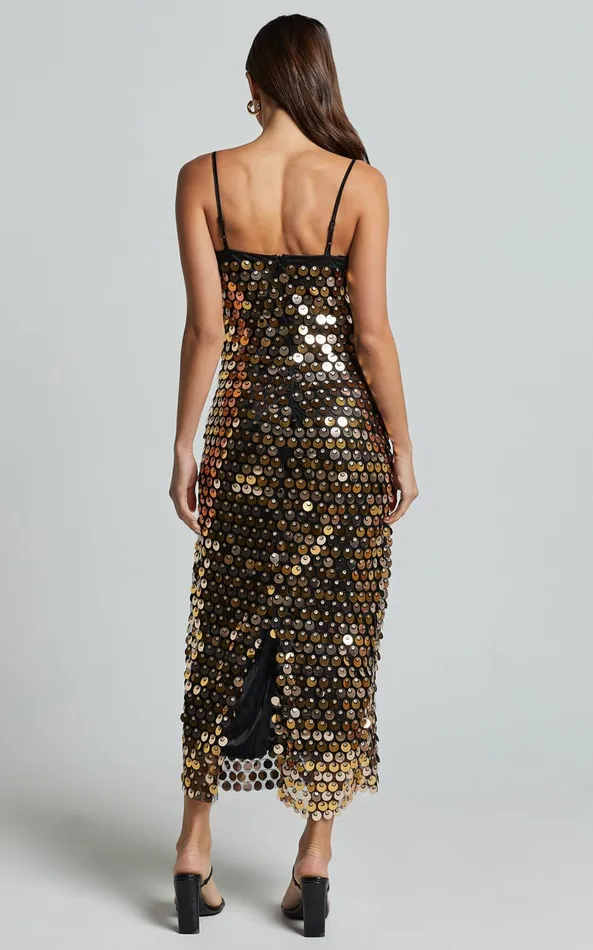 Showpo Amarie Midi Dress 8211 Circle Sequin Dress In Gold Women Dresses
