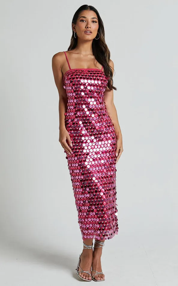Showpo Amarie Midi Dress 8211 Circle Sequin Dress In Pink Women Dresses
