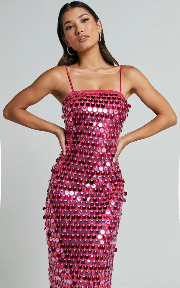 Showpo Amarie Midi Dress 8211 Circle Sequin Dress In Pink Women Dresses