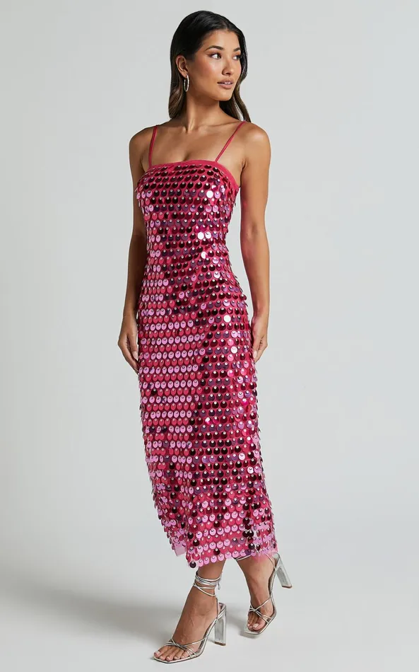 Showpo Amarie Midi Dress 8211 Circle Sequin Dress In Pink Women Dresses