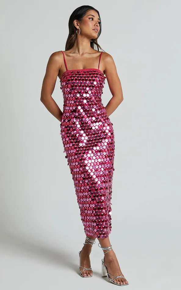 Showpo Amarie Midi Dress 8211 Circle Sequin Dress In Pink Women Dresses