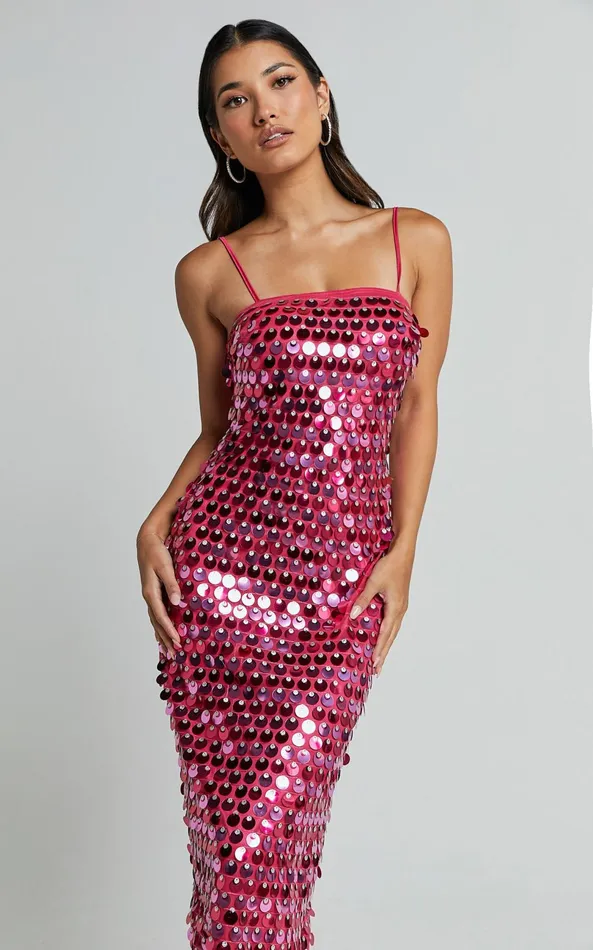 Showpo Amarie Midi Dress 8211 Circle Sequin Dress In Pink Women Dresses