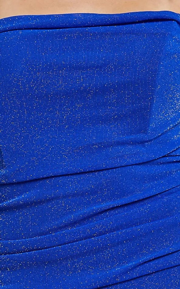 Showpo Amaya Midi Dress 8211 Strapless Glitter Mesh Ruched Bodycon Dress In Blue Women Dresses