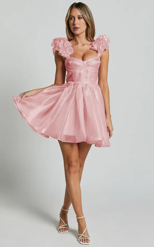 Showpo Amber Mini Dress 8211 Sleeveless Ruffle Detail Sweetheart Pleated Dress In Pink Women Dresses