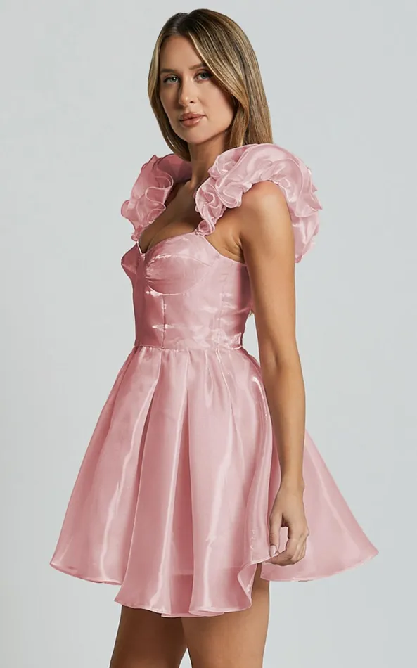 Showpo Amber Mini Dress 8211 Sleeveless Ruffle Detail Sweetheart Pleated Dress In Pink Women Dresses