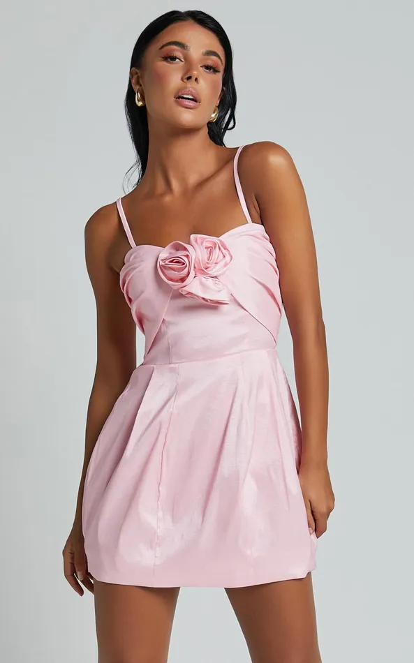 Showpo Amberle Mini Dress 8211 Strappy Rosette Detail Bodice Dress In Pink Women Dresses